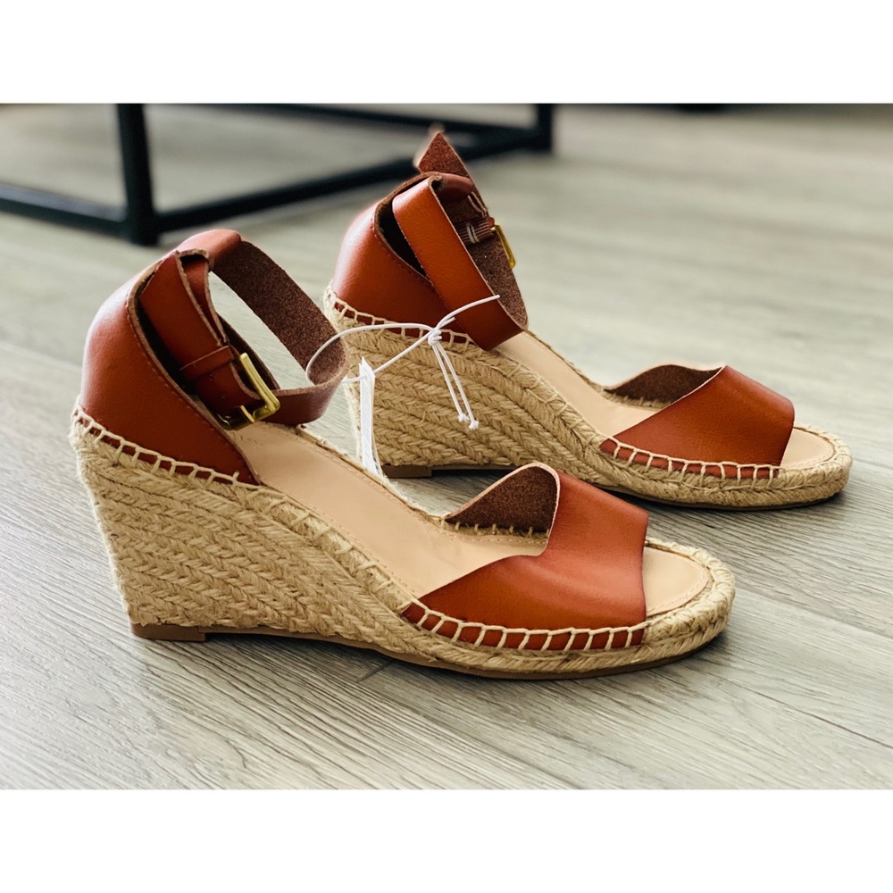Cognac/Brown Leather Espadrille Wedge Sandals